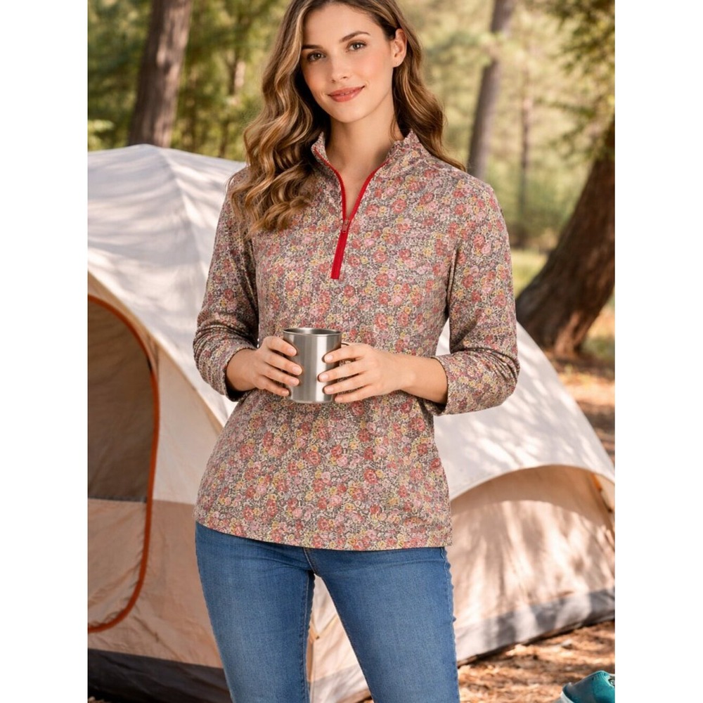 The Great x Eddie Bauer Floral Quarter Zip Pullover Thumbhole Cuffs Red 21290861